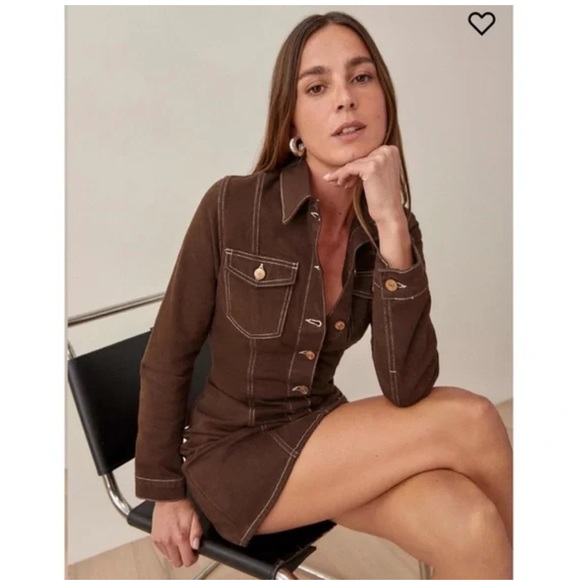 Reformation Dresses & Skirts - Reformation brown denim long sleeve dress with copper buttons - brand new